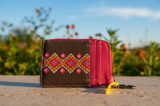 Small wallet with colorful pattern on a wooden surface with a natural background