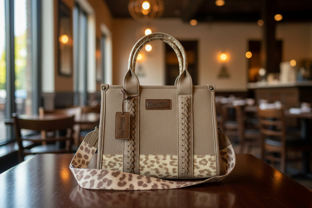 Beige handbag with leopard print strap on a light background