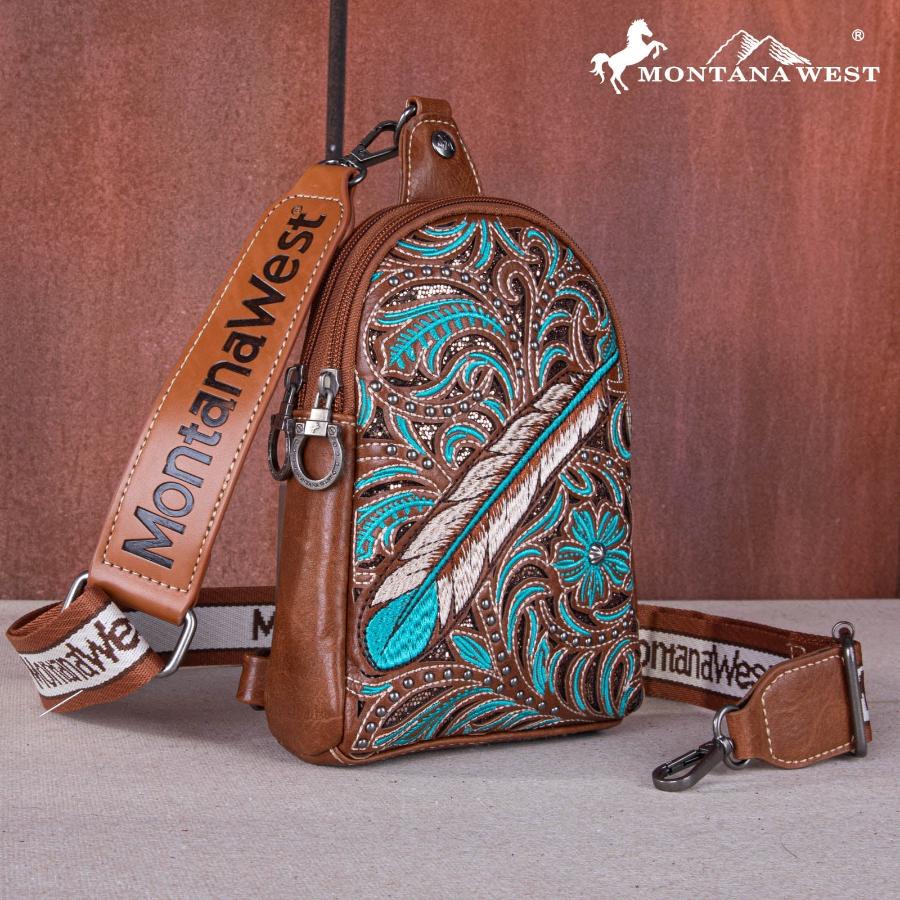 Montana West Embroidered Feather Cut-Out Floral Sling Bag - Brown and Torquoise