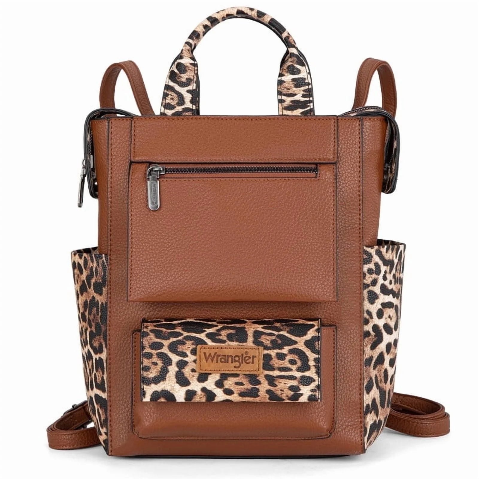 brown faux leather backpack purse Wrangler Leopard Print Tote/Shoulder Bag Convertible Backpack