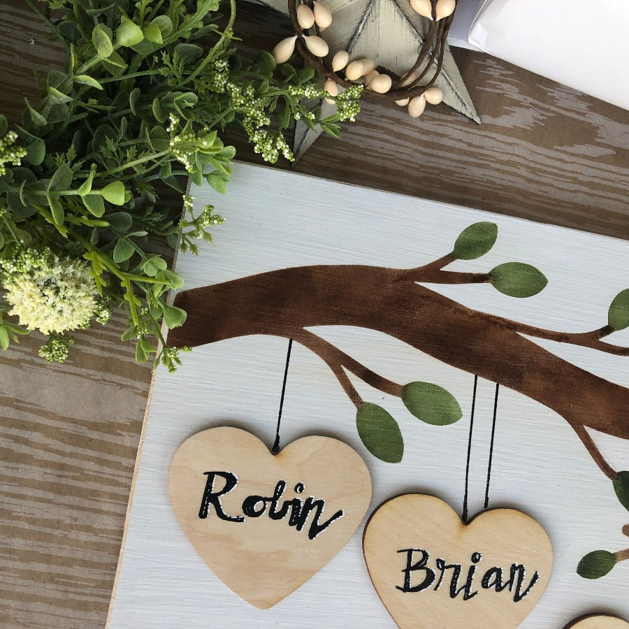 Love Grows Here Wood Sign- Hand Lettered Names on 3D Hearts, Personalized Gift