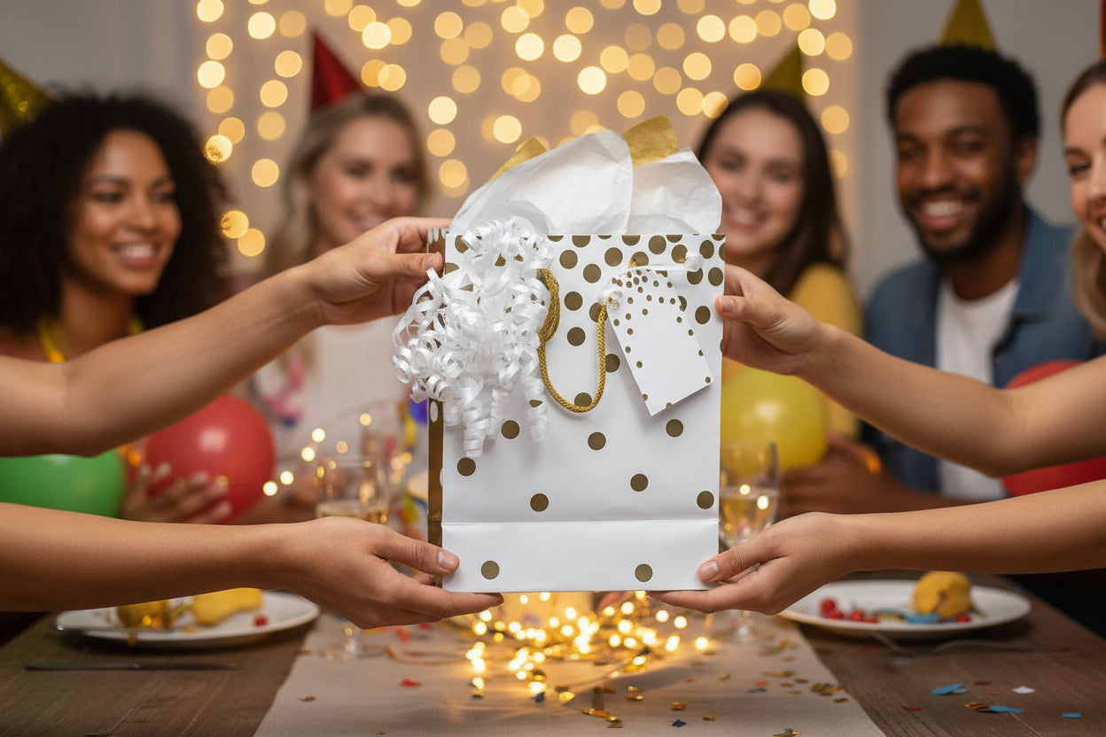 "At-home" Gift Wrap Kit - Gold & White Dots Gift Bag, All Occasion, Complete gift bag kit