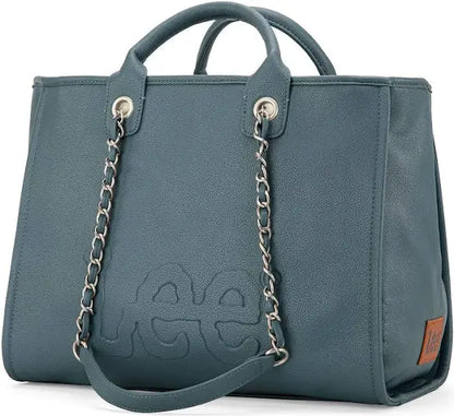 A vegan leather tote bag with a chain strap, metal feet, and a Lee logo embossed on the front.