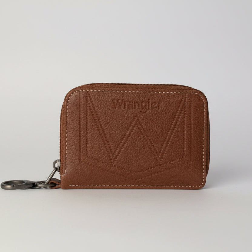 Brown leather wallet with a keychain on a white background