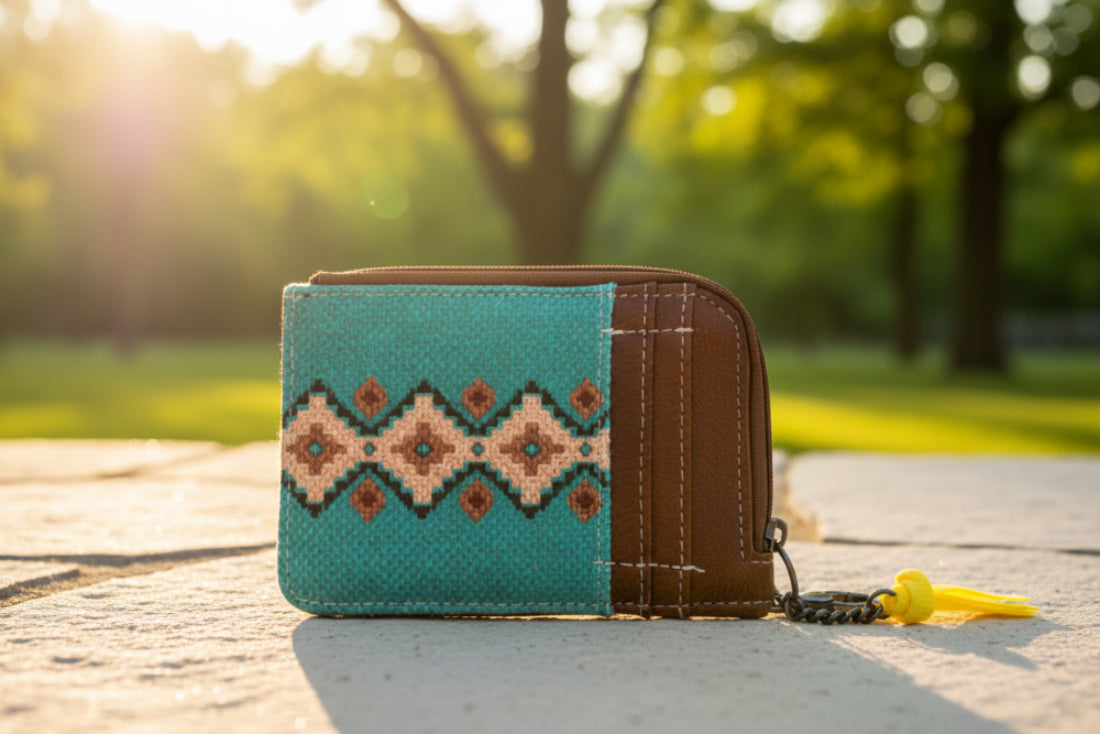 Small wallet with a geometric pattern on a white background