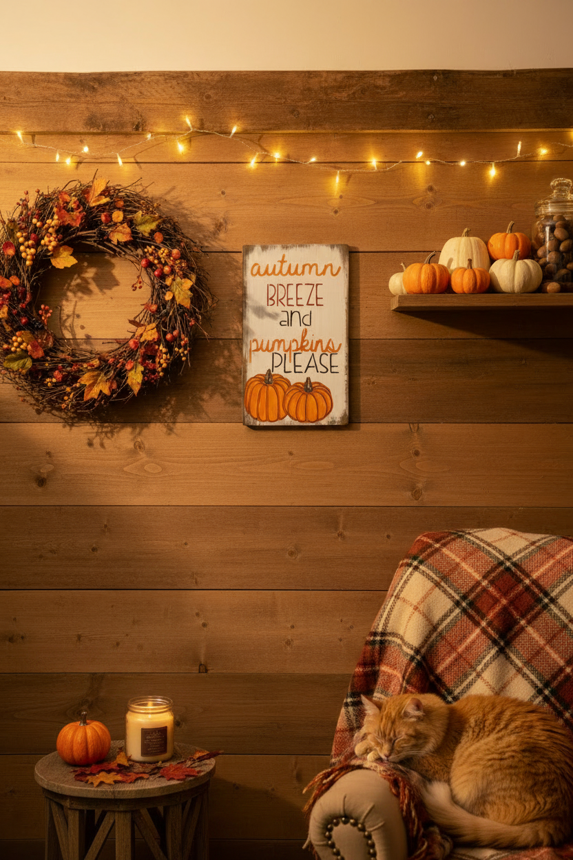 A cozy autumn-themed room scene with a wooden wall, warm string lights, a fall wreath, and a sign that reads 'autumn breeze and pumpkins please.' An orange cat rests on a plaid-covered chair, with pumpkins on a shelf and a small side table nearby.