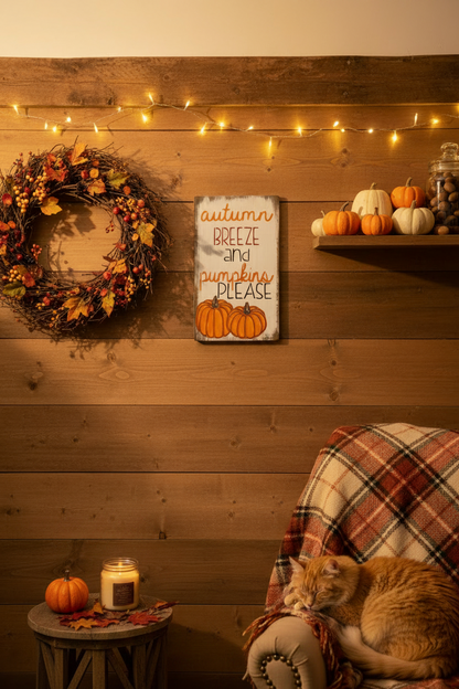 A cozy autumn-themed room scene with a wooden wall, warm string lights, a fall wreath, and a sign that reads 'autumn breeze and pumpkins please.' An orange cat rests on a plaid-covered chair, with pumpkins on a shelf and a small side table nearby.
