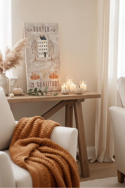 A styled autumn living room scene featuring a rustic wooden trestle table with a 'Rooted in Gratitude' canvas print, lit candles, small pumpkins, and greenery, with a cozy mustard knit throw blanket draped over a white armchair.