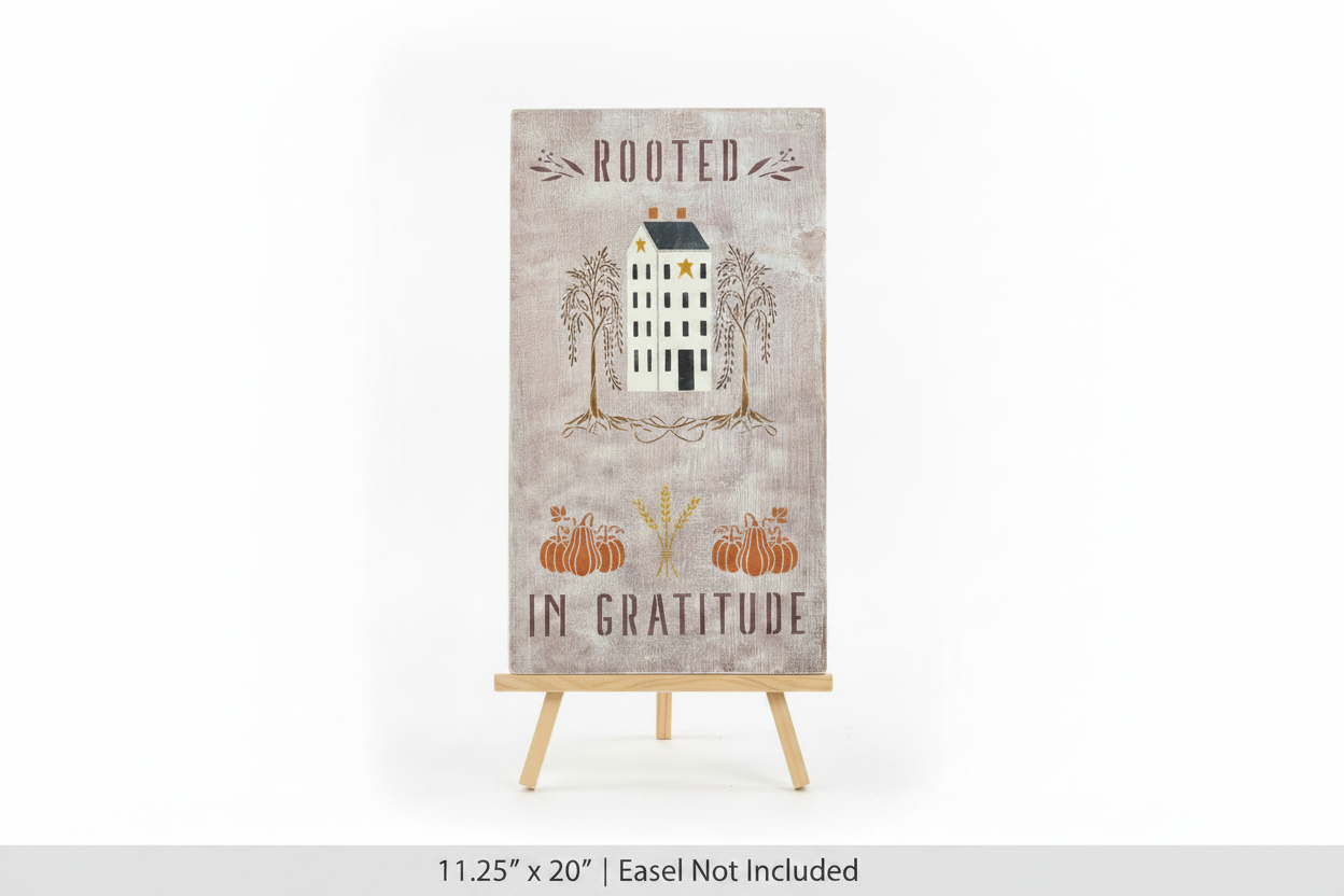 A vertical rectangular decorative sign on a small wooden easel stand, featuring the words 'ROOTED IN GRATITUDE' with an illustration of a house, trees, pumpkins, and wheat on a distressed beige background.