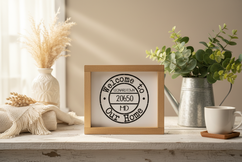 Decorative sign with 'Welcome to Leonardtown 20650 MD' on a shelf with plants and a mug.