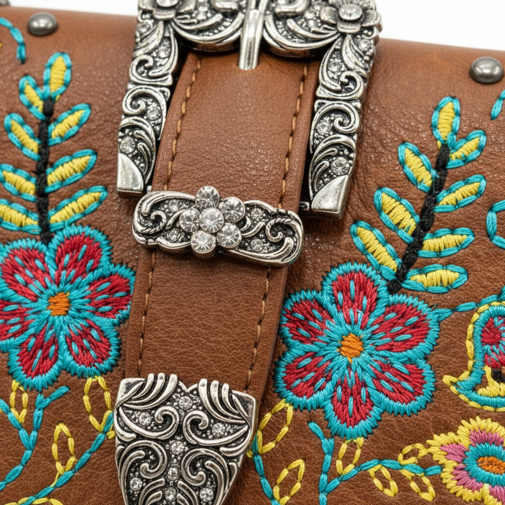 A close-up of a brown leather handbag featuring colorful floral embroidery in red, yellow, blue, and pink, adorned with ornate silver-tone metal hardware and studs.