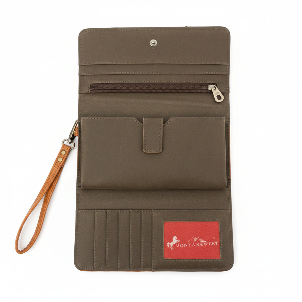 An open brown canvas wallet with multiple card slots, a zippered pocket, and a red Montana West brand patch
