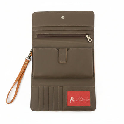 An open brown canvas wallet with multiple card slots, a zippered pocket, and a red Montana West brand patch