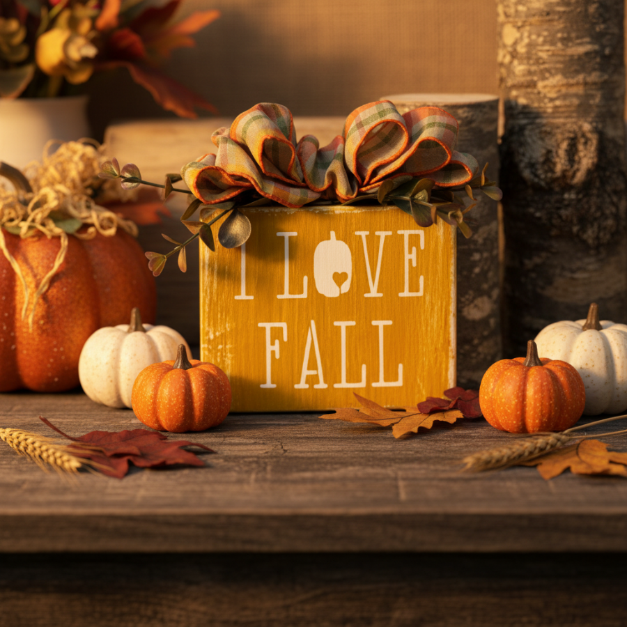 A rustic yellow wooden block sign with 'I LOVE FALL' in white lettering, decorated with a large plaid ribbon bow and greenery, styled on a wooden table with pumpkins, autumn leaves, and wheat stalks.