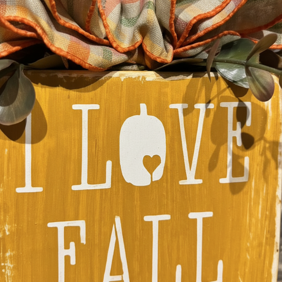 A close-up of a rustic yellow wooden sign with white lettering that reads 'I LOVE FALL,' where the O is shaped like a pumpkin with a small heart inside. The sign is styled with a plaid autumn fabric bow and green leaves at the top.