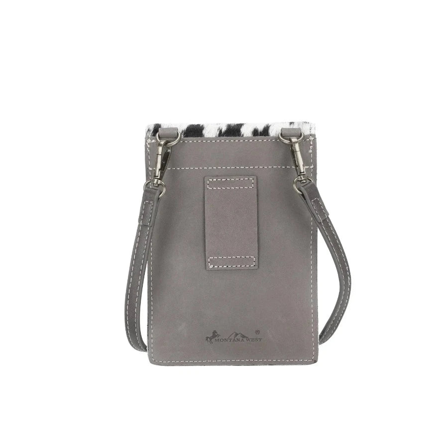 back view of genuine hair-on cowhide belt loop phone holster pouch crossbody in gray