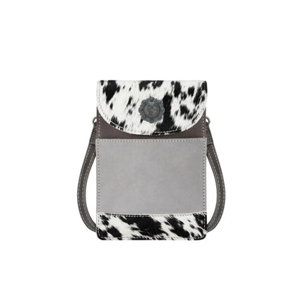 front view of genuine hair-on cowhide belt loop phone holster pouch crossbody in gray