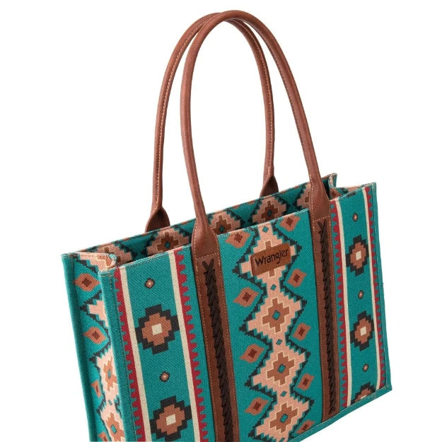 Wrangler Southwestern Pattern Dual Sided Print Canvas Wide Laptop/Tablet Tote - Turquoise