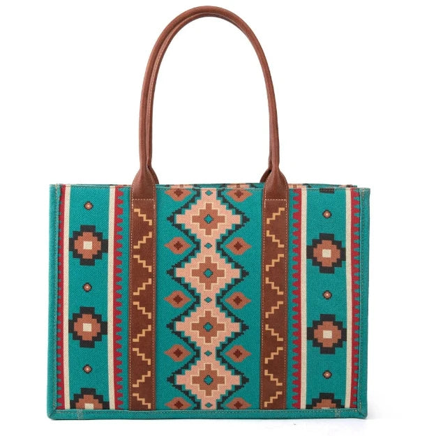 Wrangler Southwestern Pattern Dual Sided Print Canvas Wide Laptop/Tablet Tote - Turquoise