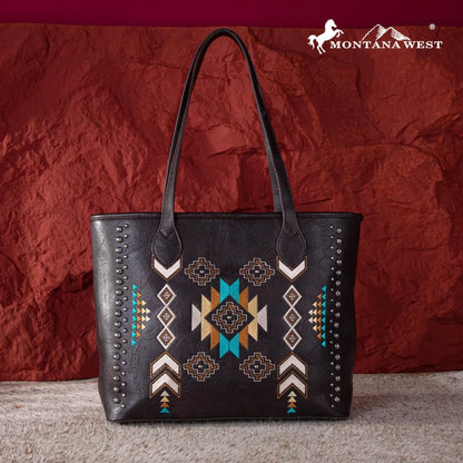 Montana West Aztec Embroidered Collection Concealed Carry Large Tote - Coffee Brown