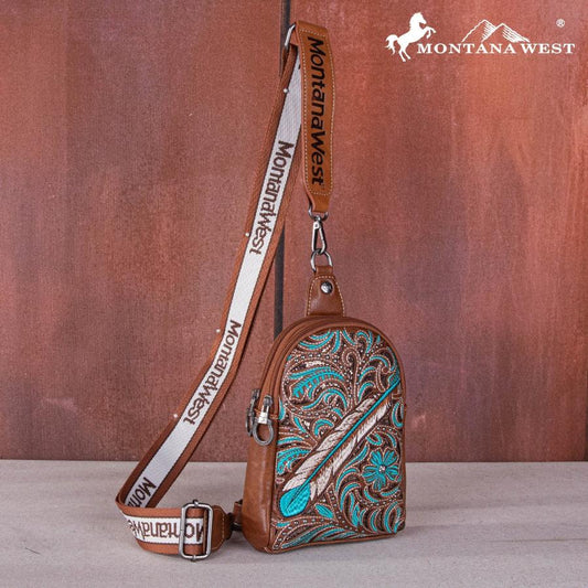 Montana West Embroidered Feather Cut-Out Floral Sling Bag - Brown and Torquoise