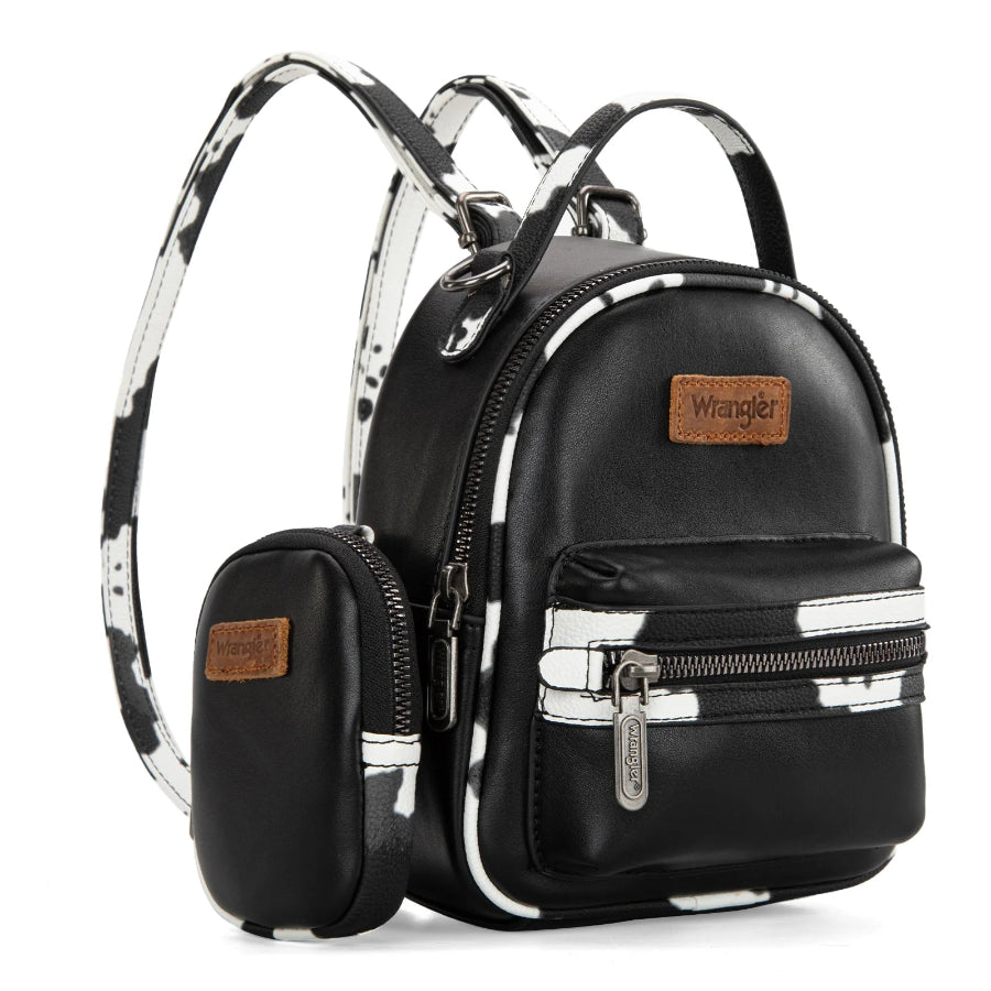 Black backpack with cow trim accents and a small pouch on a white background