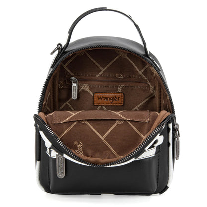 Black mini backpack with brown interior and Wrangler branding on a white background