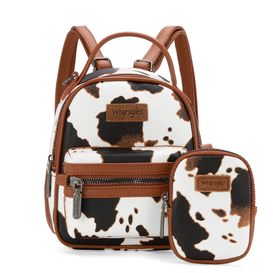 Cow print backpack with brown and black accents and 'Wrangler' branding on a white background