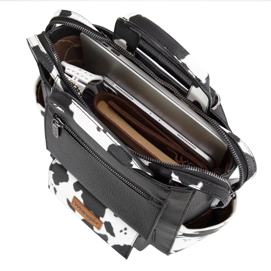 Black leather bag with a patterned interior on a white background