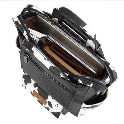 Black leather bag with a patterned interior on a white background