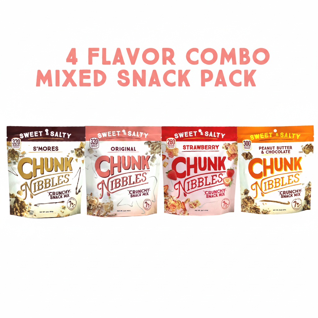 An assortment of snack pack pouches in various flavors, including S'mores, Original, Strawberry, and Peanut Butter Chocolate.