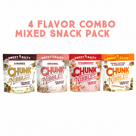 An assortment of snack pack pouches in various flavors, including S'mores, Original, Strawberry, and Peanut Butter Chocolate.