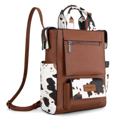 Brown and cow print backpack with visible brand logo on a white background