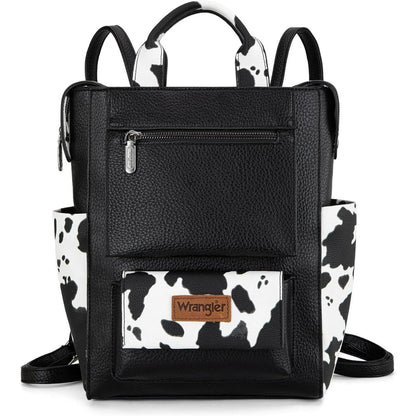 Black backpack with cow print accents and Wrangler logo on a white background