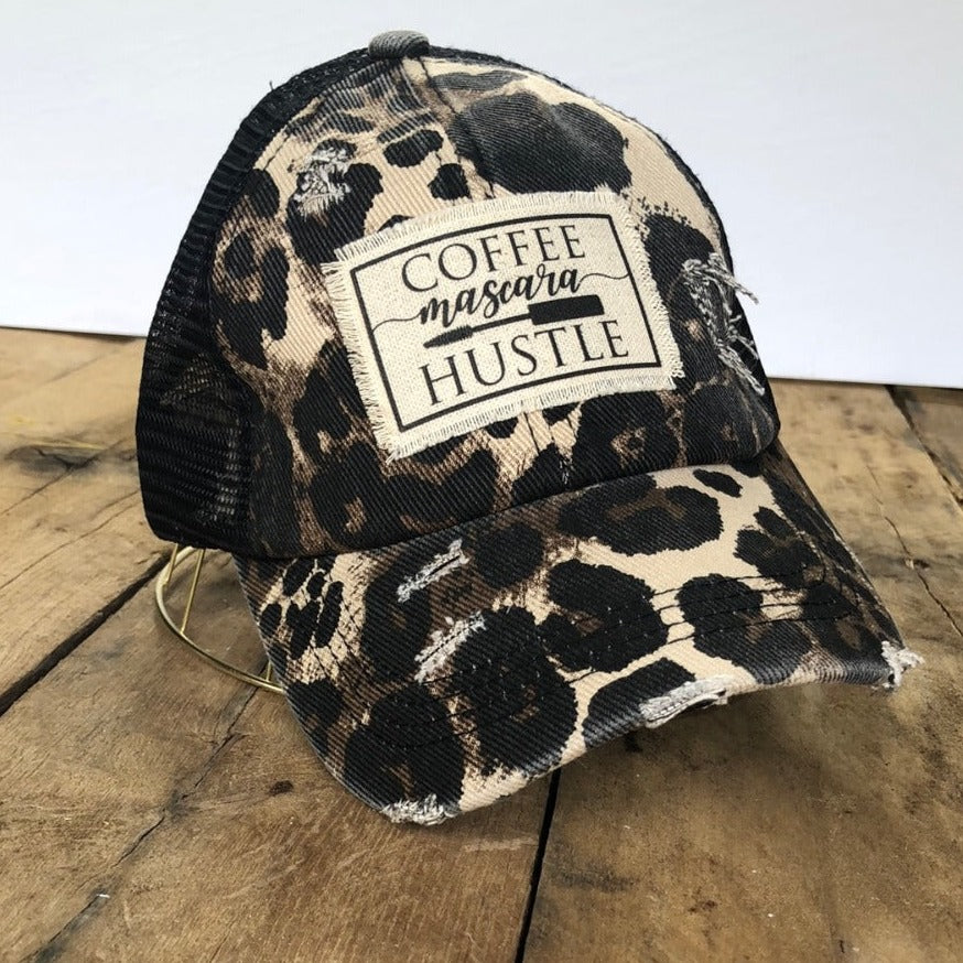 distressed leopard baseball cap with coffee mascara hustle patch