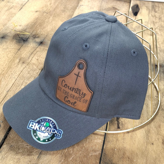 Grey Baseball Hat "Country by the Grace of God"-Leather Cow Tag