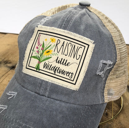 Grey Distressed Baseball Cap "Raising Little Wildflowers"