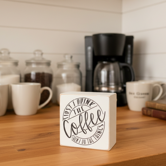 Wooden block with 'First I drink the Coffee Then I do the Things' text on a kitchen counter with mugs and a coffee maker