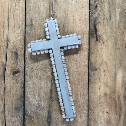 beautiful wood cross grey with beaded edge