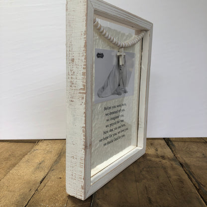 side view of before you were born picture frame for baby distressed white frame