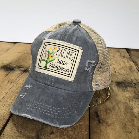 Grey Distressed Baseball Cap "Raising Little Wildflowers"