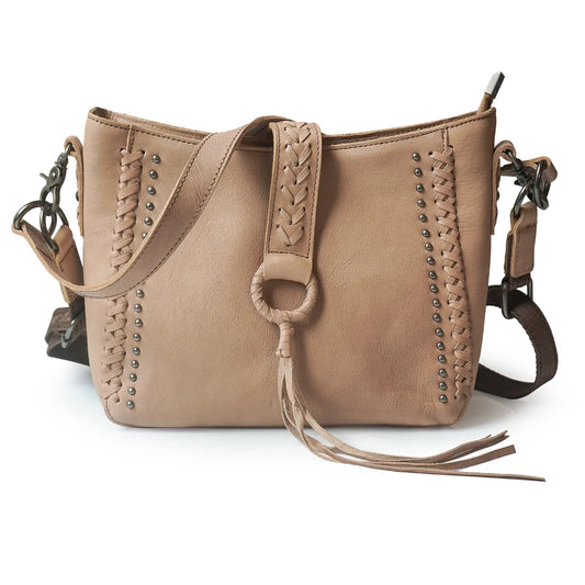 Beige handbag with braided handle and studded details on a white background