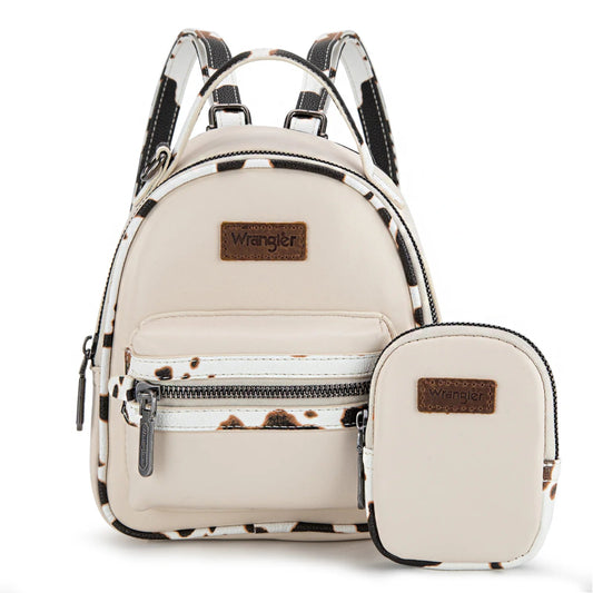 Beige backpack with cow pattern and matching pouch on a white background