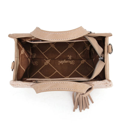 Open beige handbag showing interior with brand logo on a white background