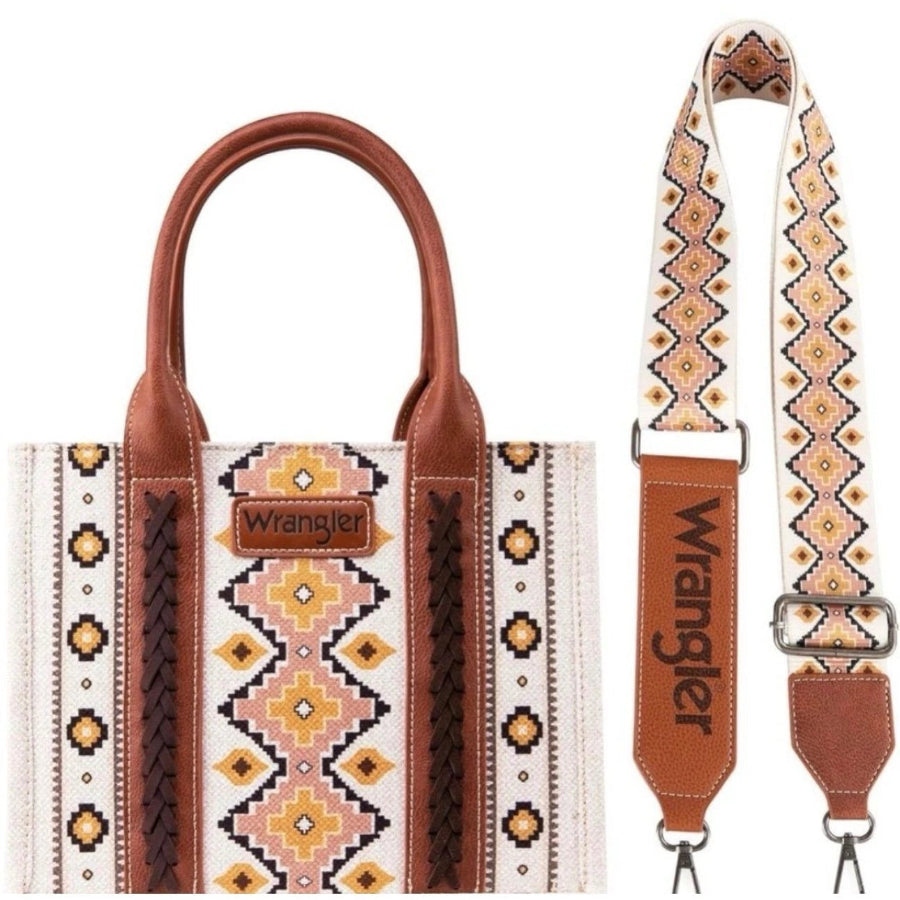 Handbag with patterned strap and handle, featuring the Wrangler brand.
