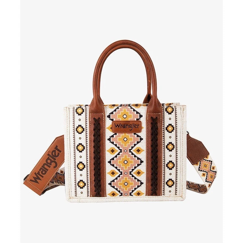 Handbag with tribal pattern and brown strap on a white background