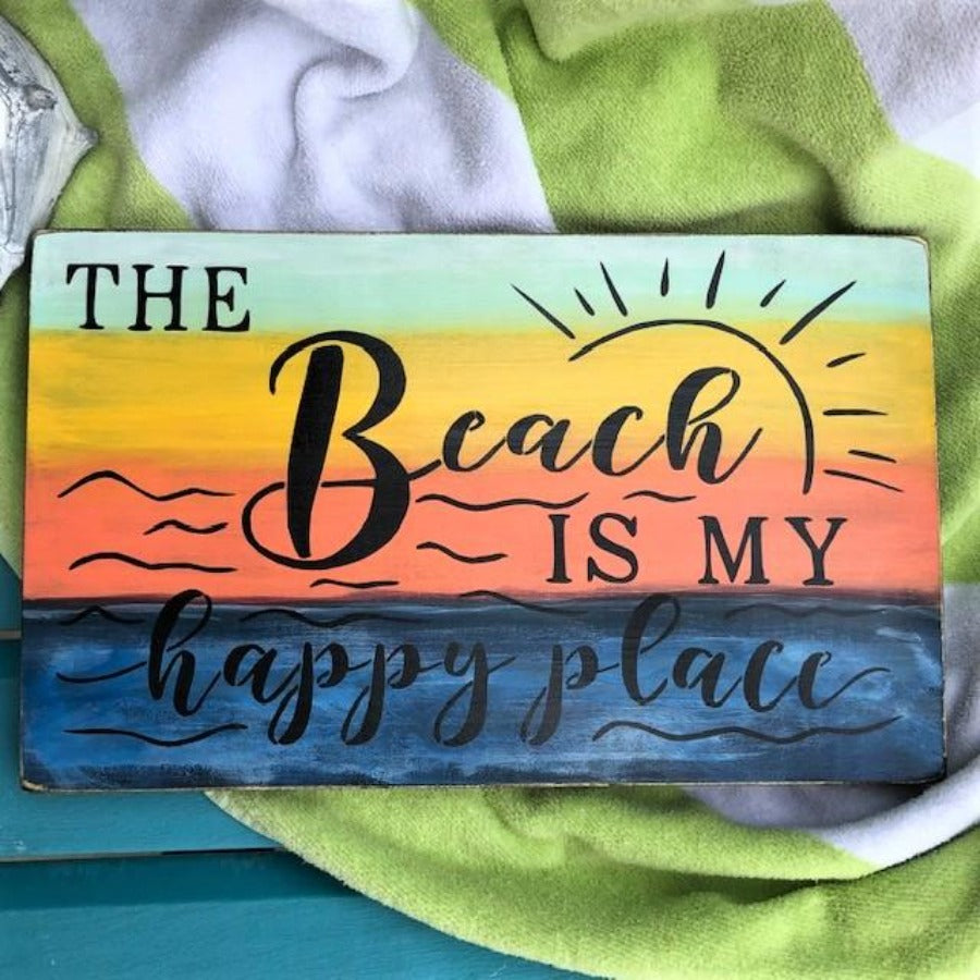 The Beach is my Happy Place Wood Sign Stained, Hand Painted, Sunset colors, beach vibes