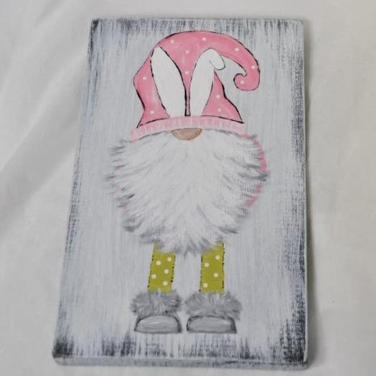 Gnome with White Bunny Ears Sign - Spring Decor