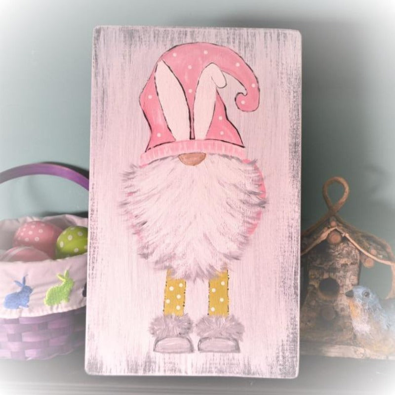 Gnome with White Bunny Ears Sign - Spring Decor