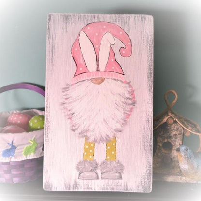 Gnome with White Bunny Ears Sign - Spring Decor